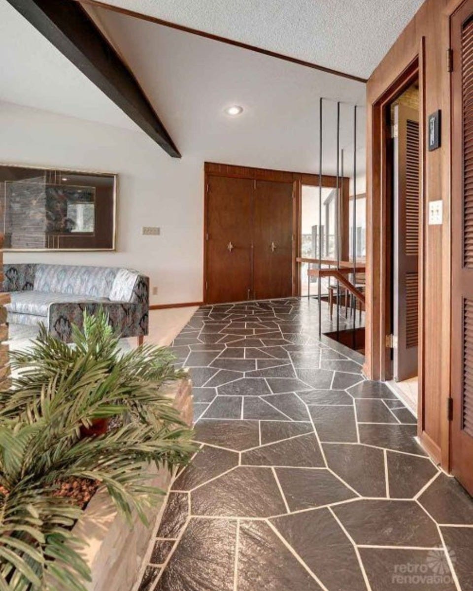 spa waiting area with geometric pattern floor tiles