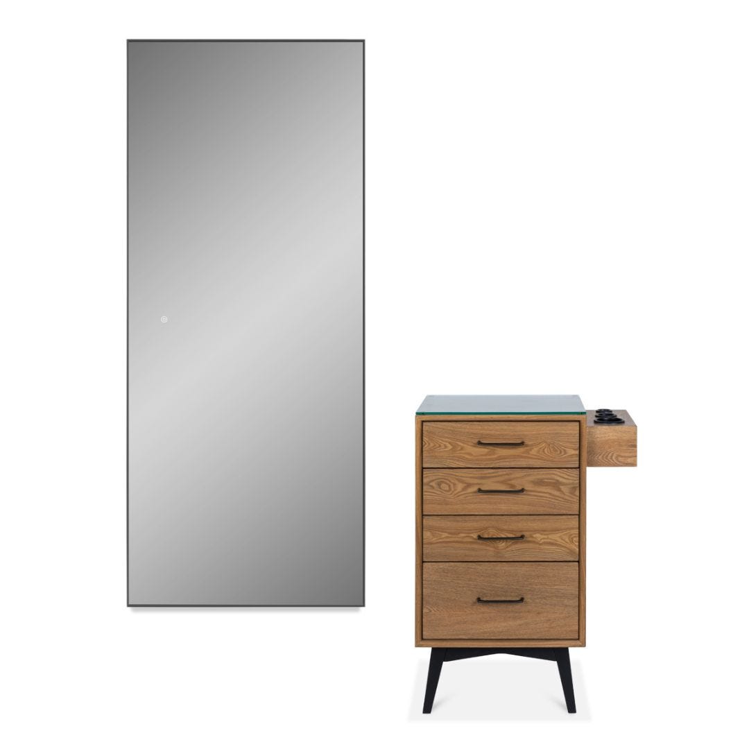 mid century modern style wood styling station and full-length mirror for salon or spa