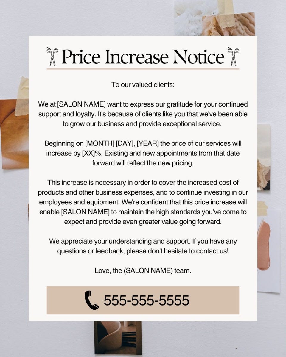 Salon price increase notice template 1