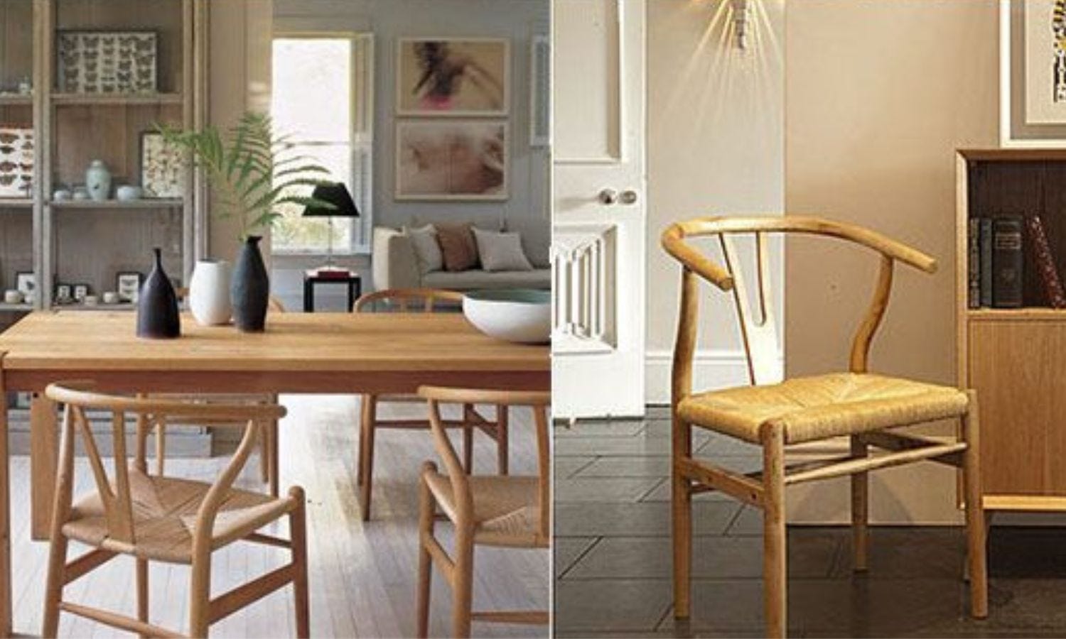 wooden wishbone chairs alongside other mid century modern decor