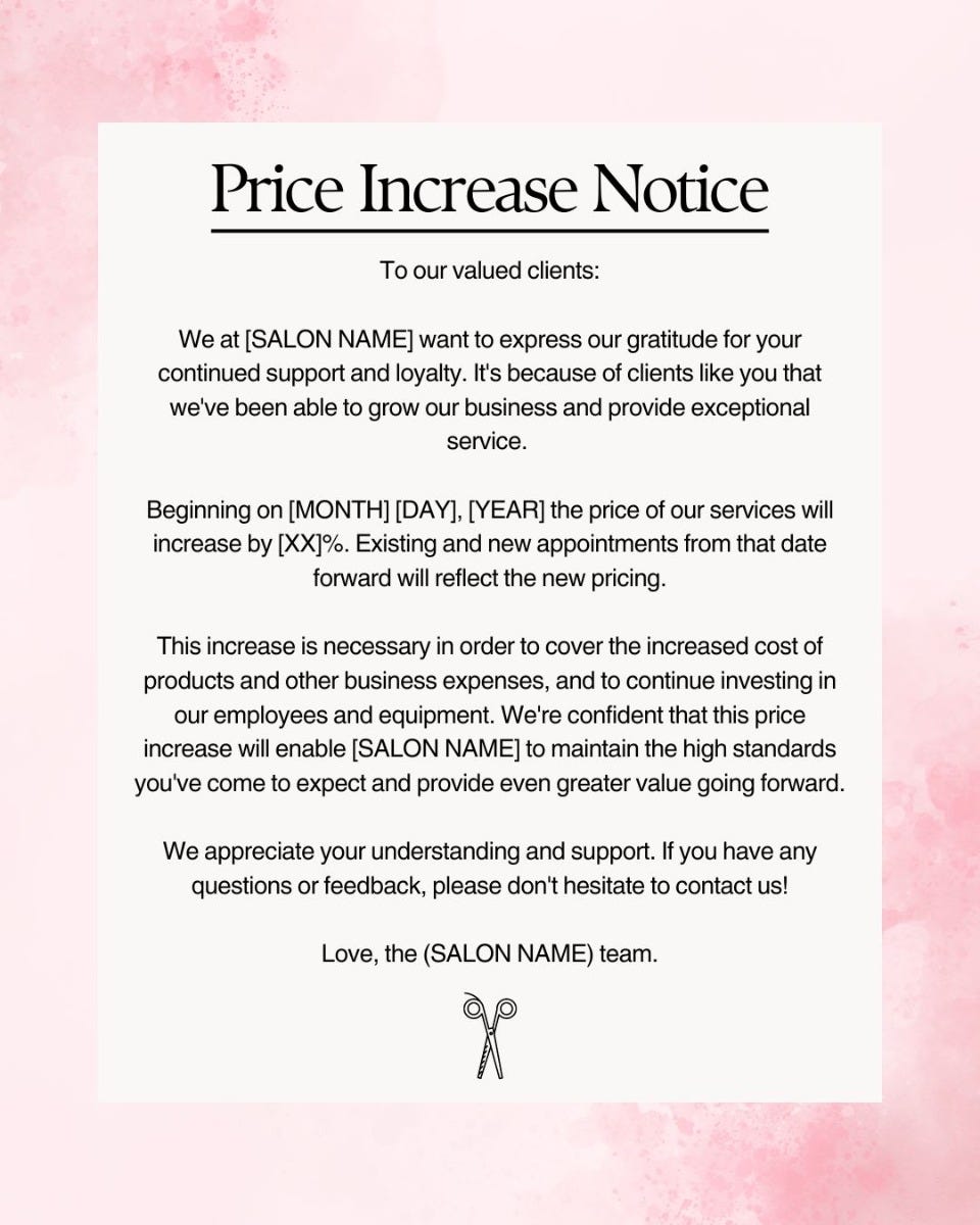Salon price increase notice template 2