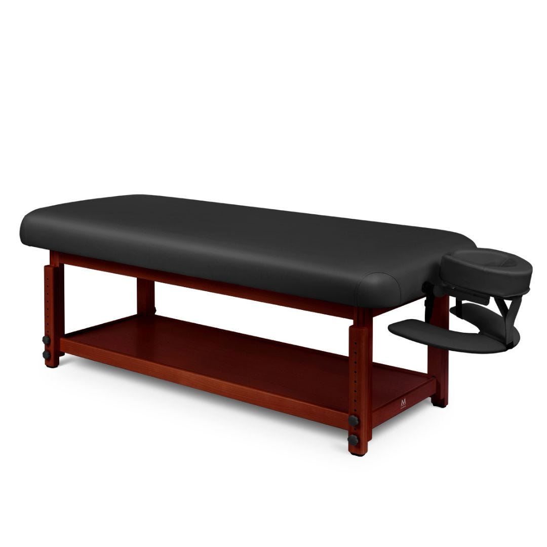 black stationary massage table with cherry frame (Woodloch)