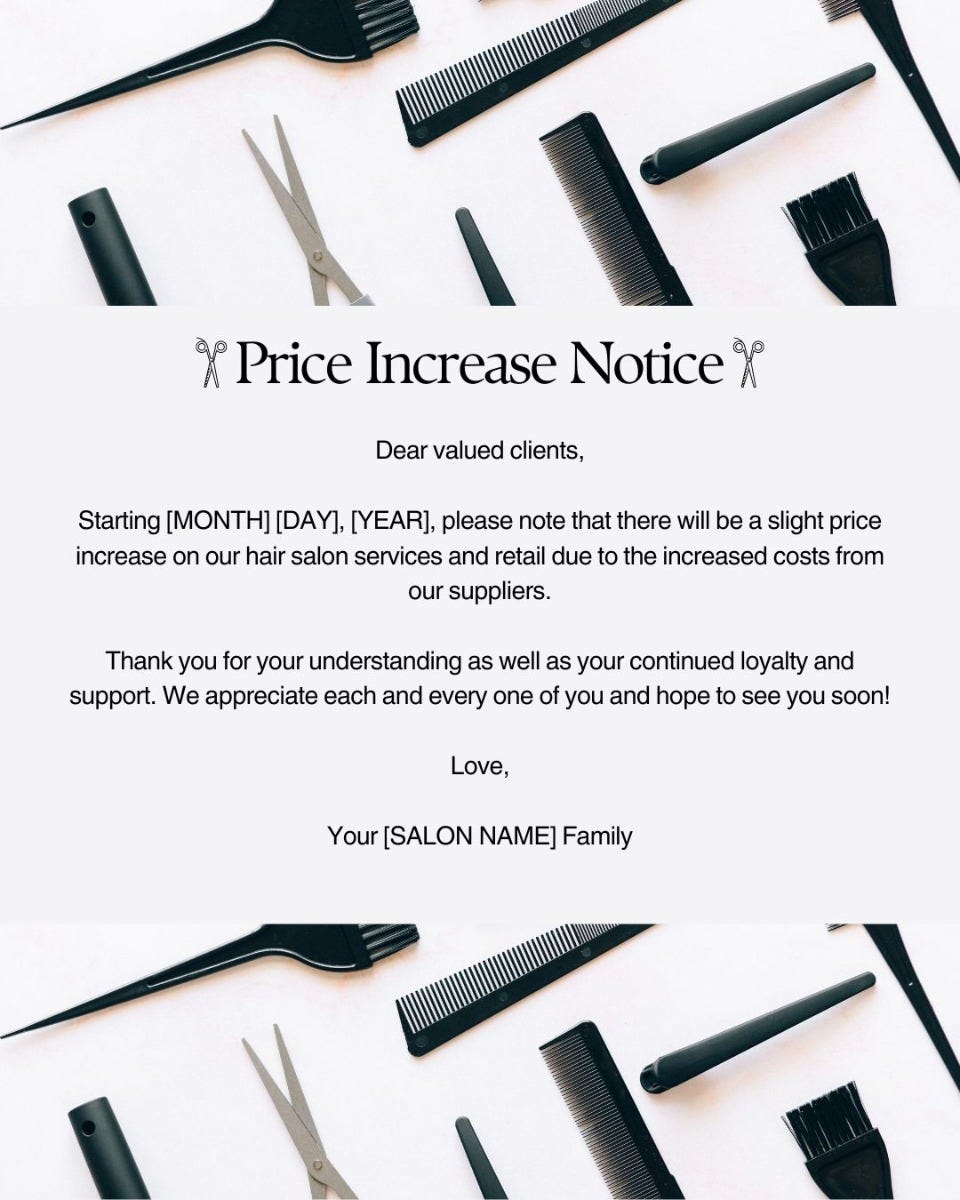 Salon price increase notice template 3