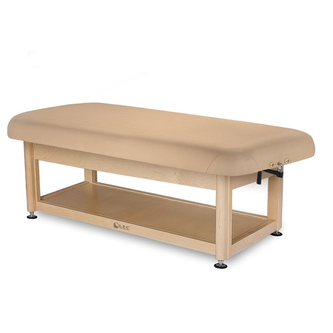 tan massage table with shelf base—Living Earth Crafts Napa Flat Top Crank Table with Shelf Base