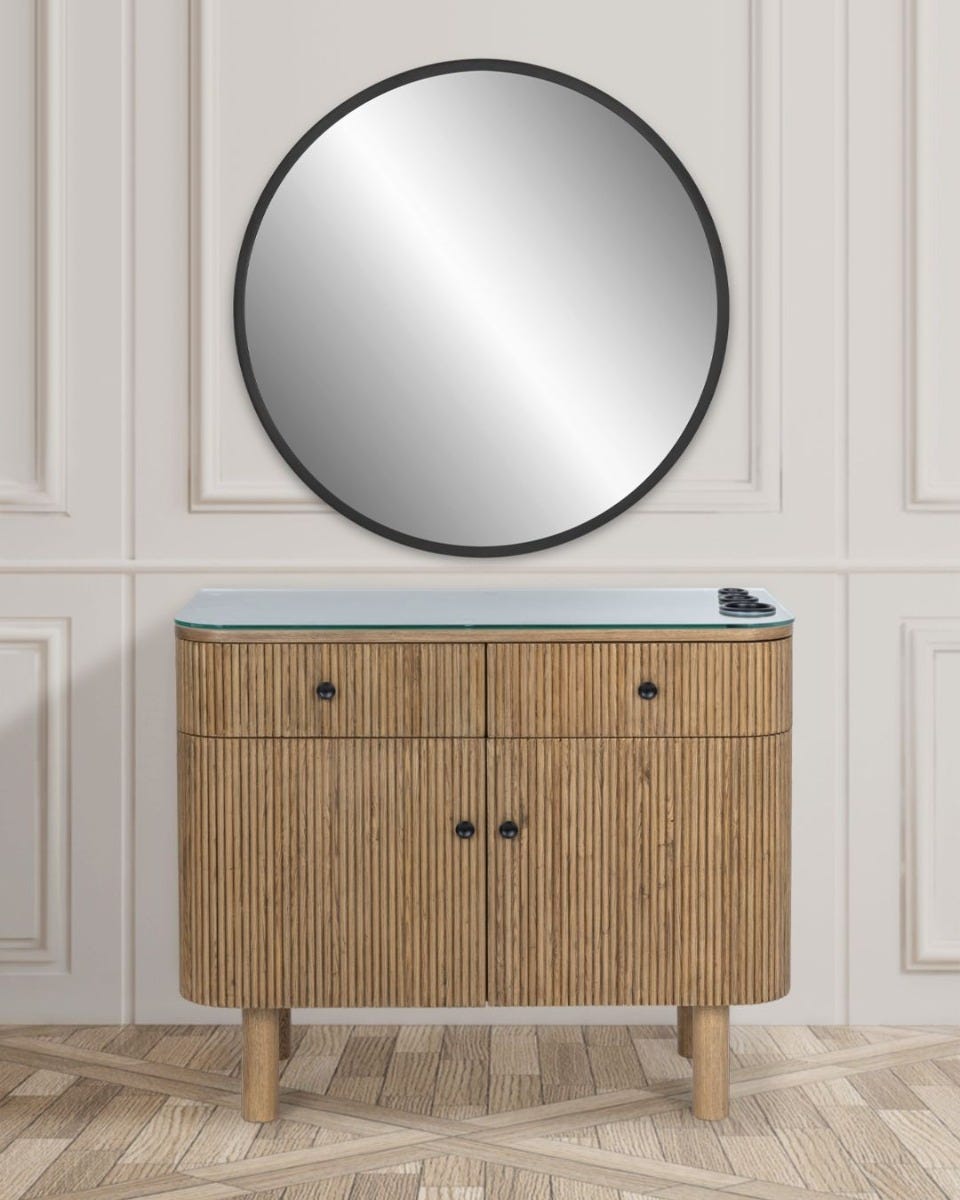 mid century modern salon styling station with glass top and round mirror