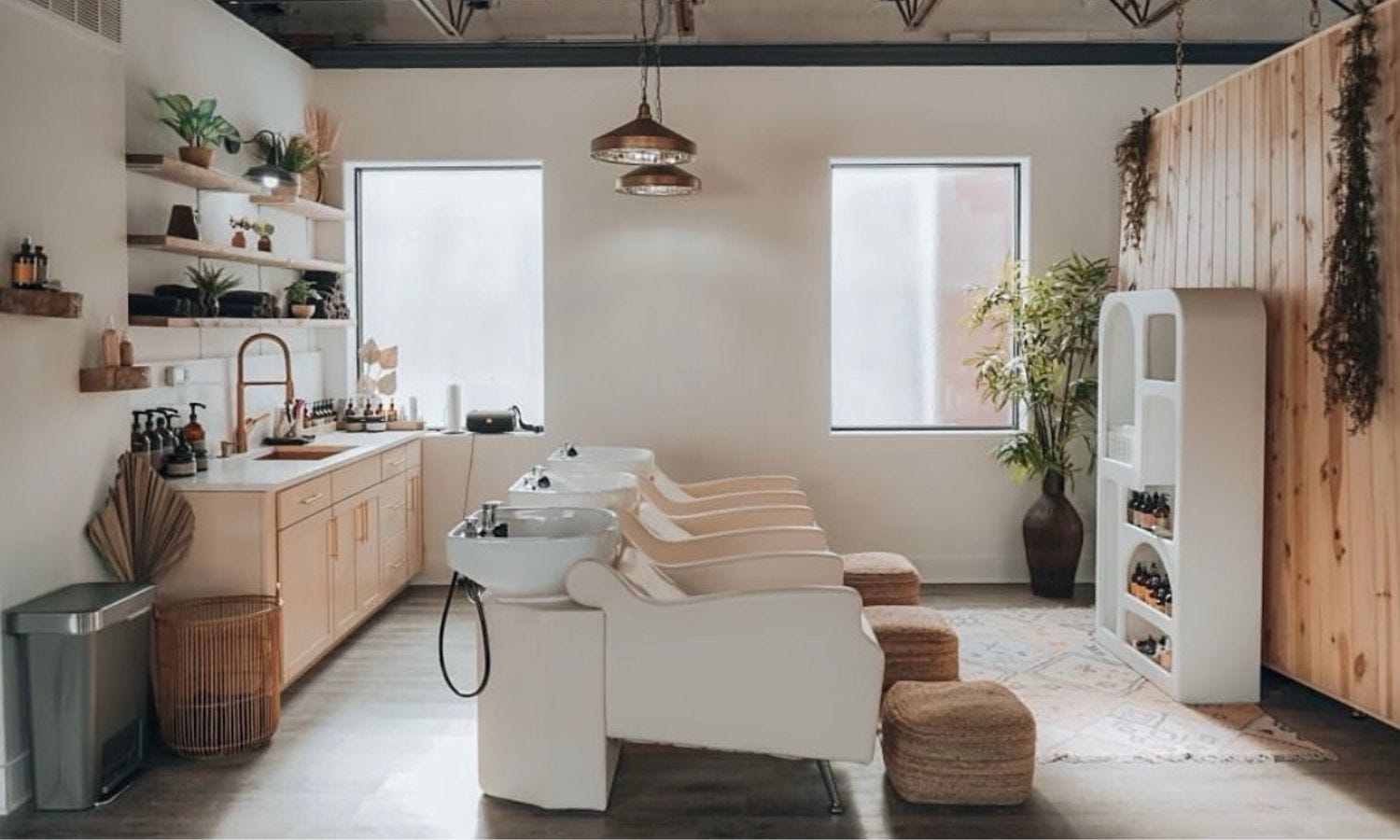 hair salon designed with neutral colors and natural textures