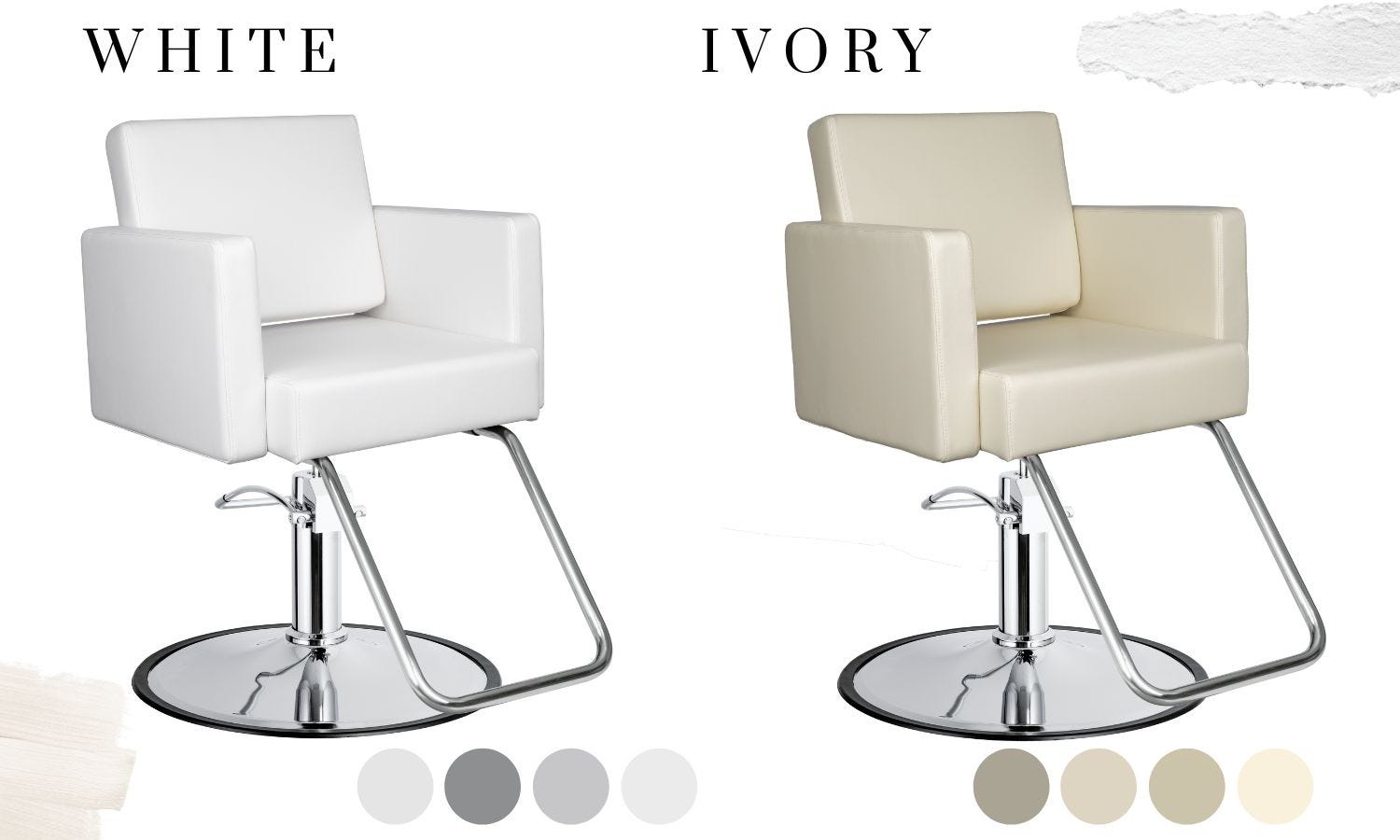 a white salon styling chair compared to an ivory colored salon styling chair with cool and warm undertones below each image