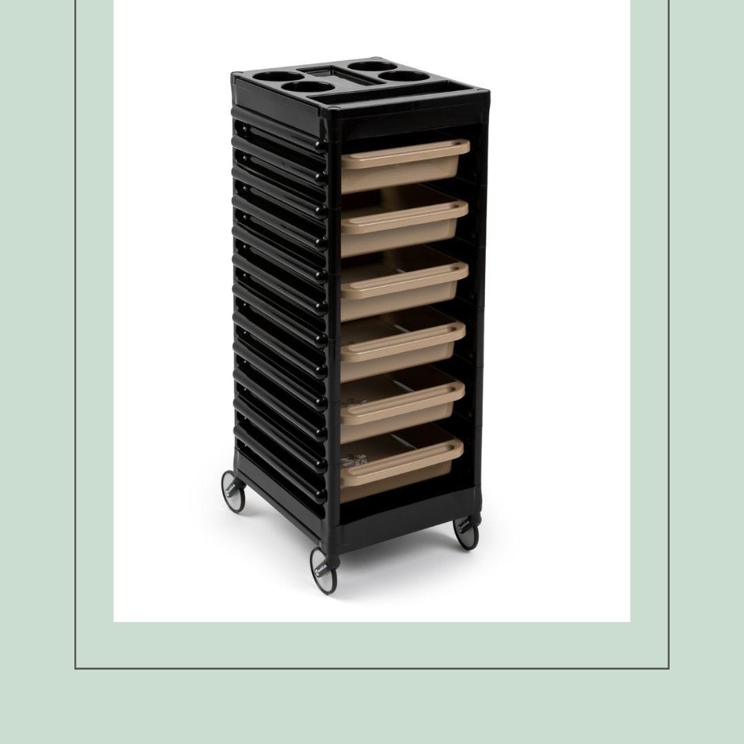 Italian-made Verona salon trolley with hair-proof wheels, 6 drawers and compartments on top