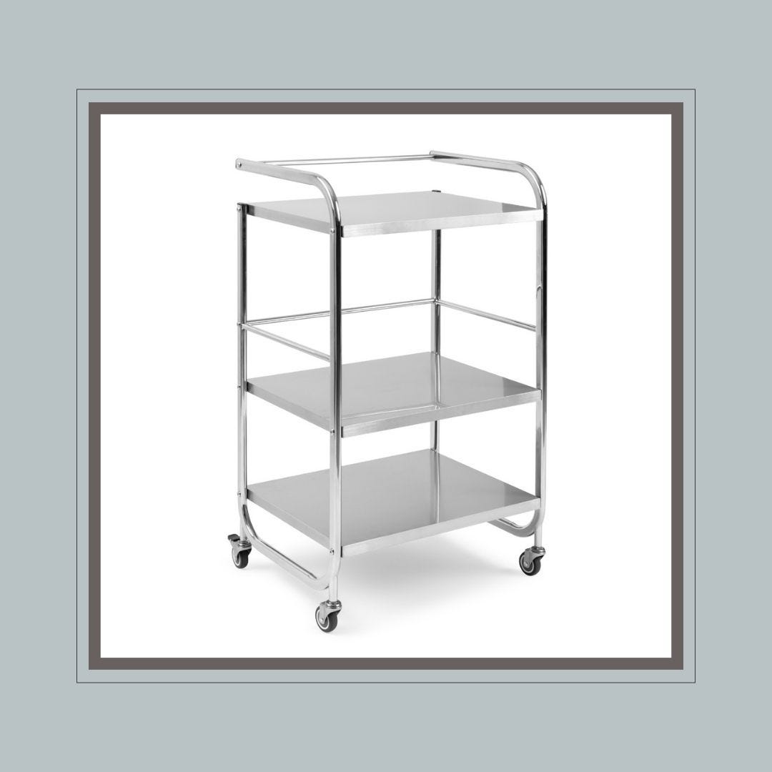 stainless steel esthetician cart with three shelves and rolling casters