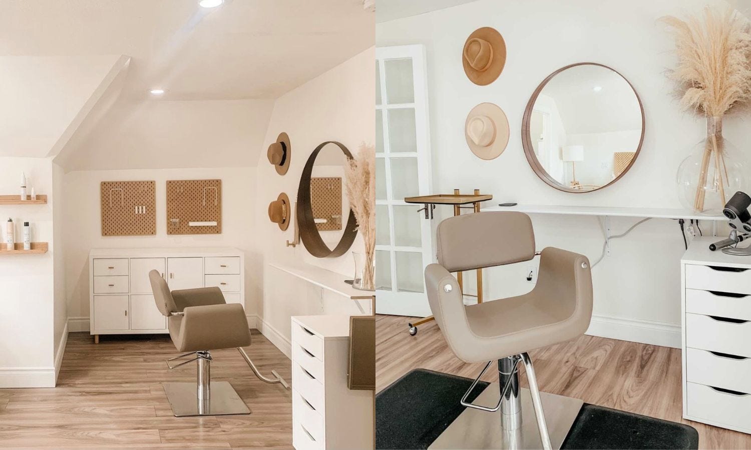 two different salon suites with a styling chair, round mirror and storage shelving