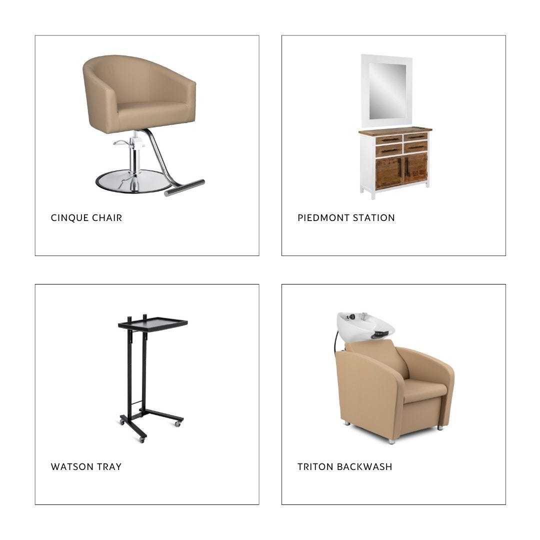 a beige rounded styling chair, a styling station with natural wood and white laminate, a rectangular black service tray and a compact beige shampoo station with white bowl