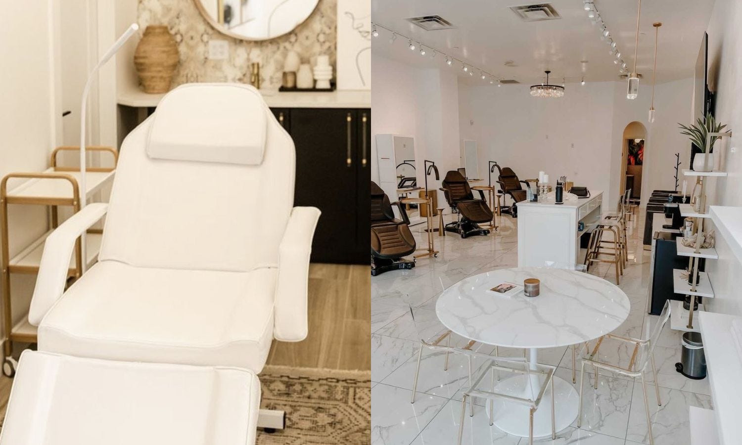 hydraulic facial chair in black or white vinyl with matching esthetician stool