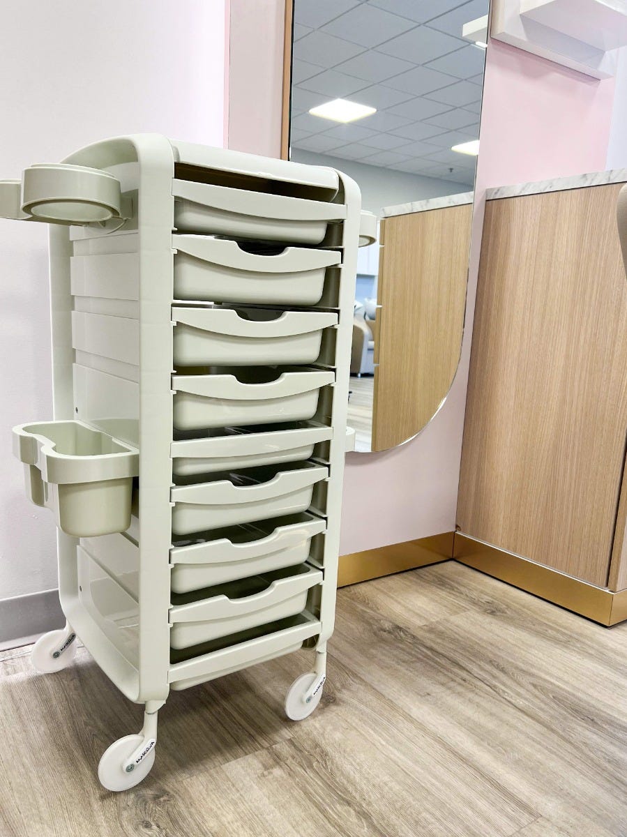 sustainably made salon trolley in stylish hair salon