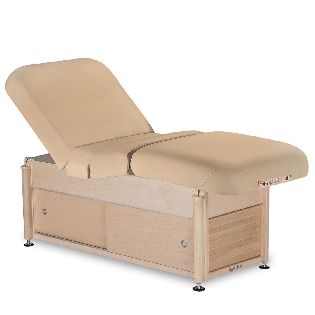 stationary massage table with wood frame, cabinet base, adjustable top and thick cushioning