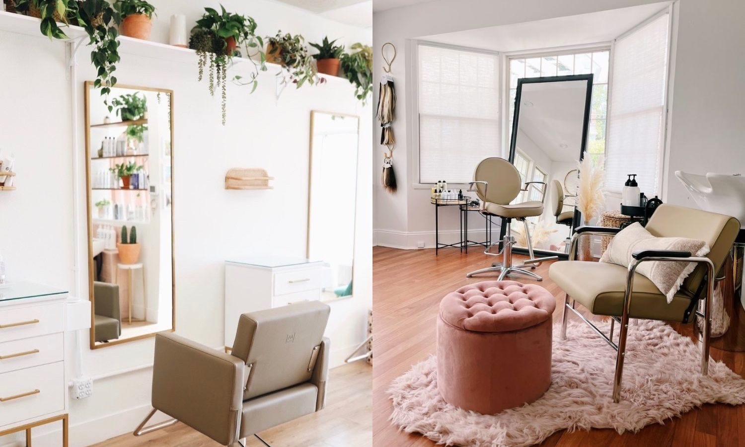 budget-friendly salon decor including plants, pillows and rugs