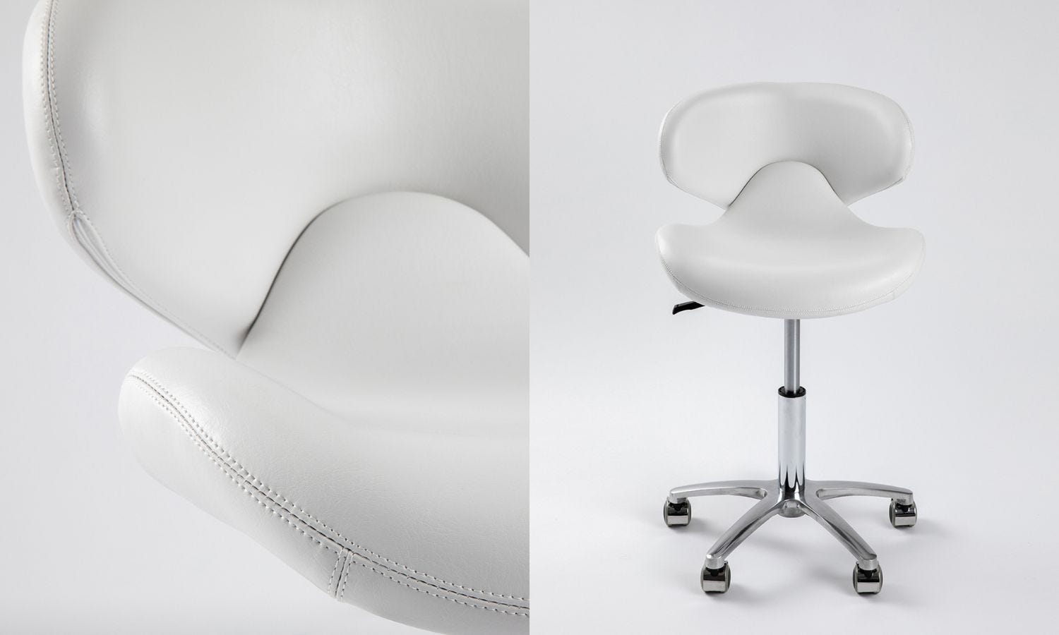 split view of white esthetician chair showing close-up view of premium vinyl with durable stitching alongside full image showing steel 5-star wheeled base, height adust lever and contoured seat with curved back rest