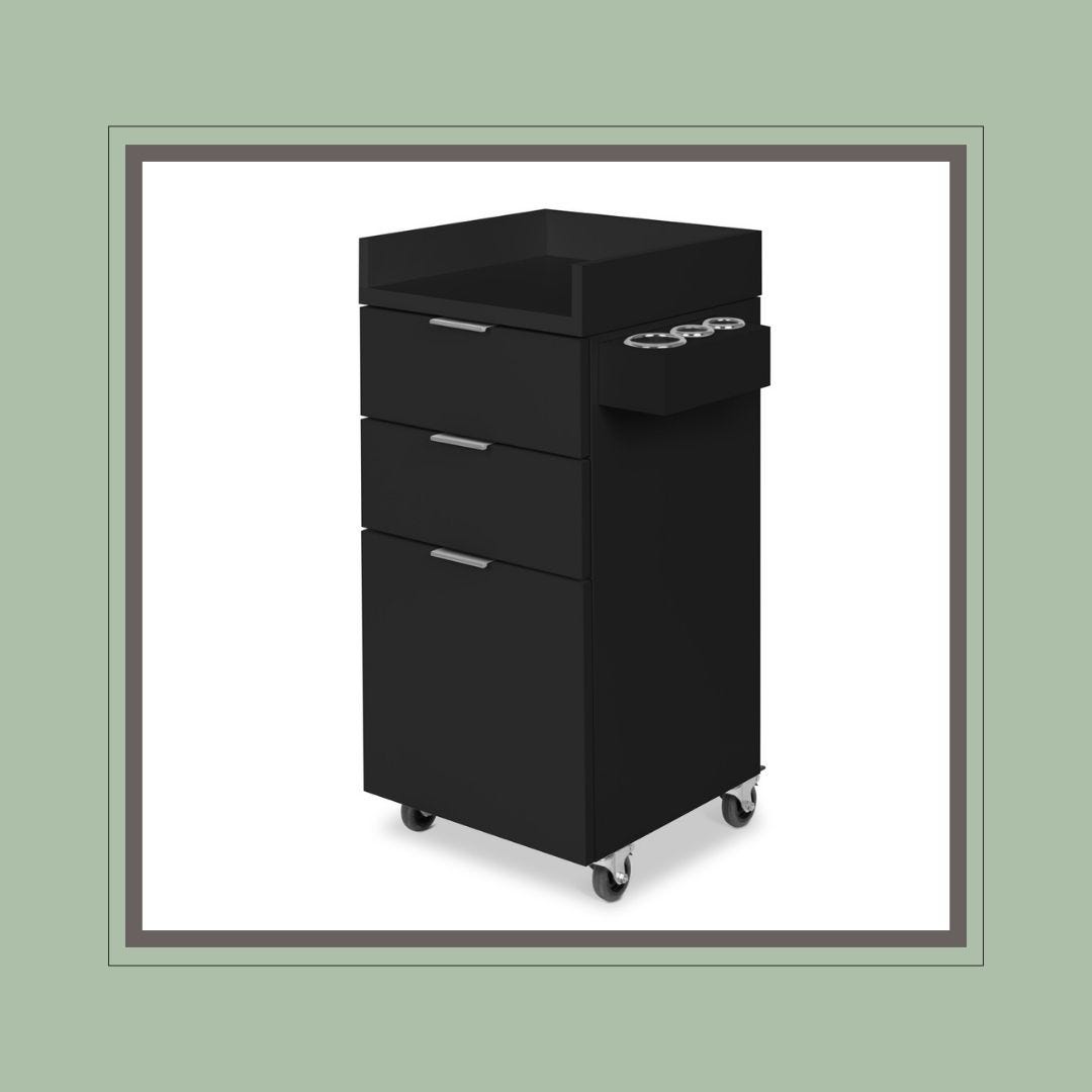 black laminate spa trolley with three drawers, wheels and tool holders on the side