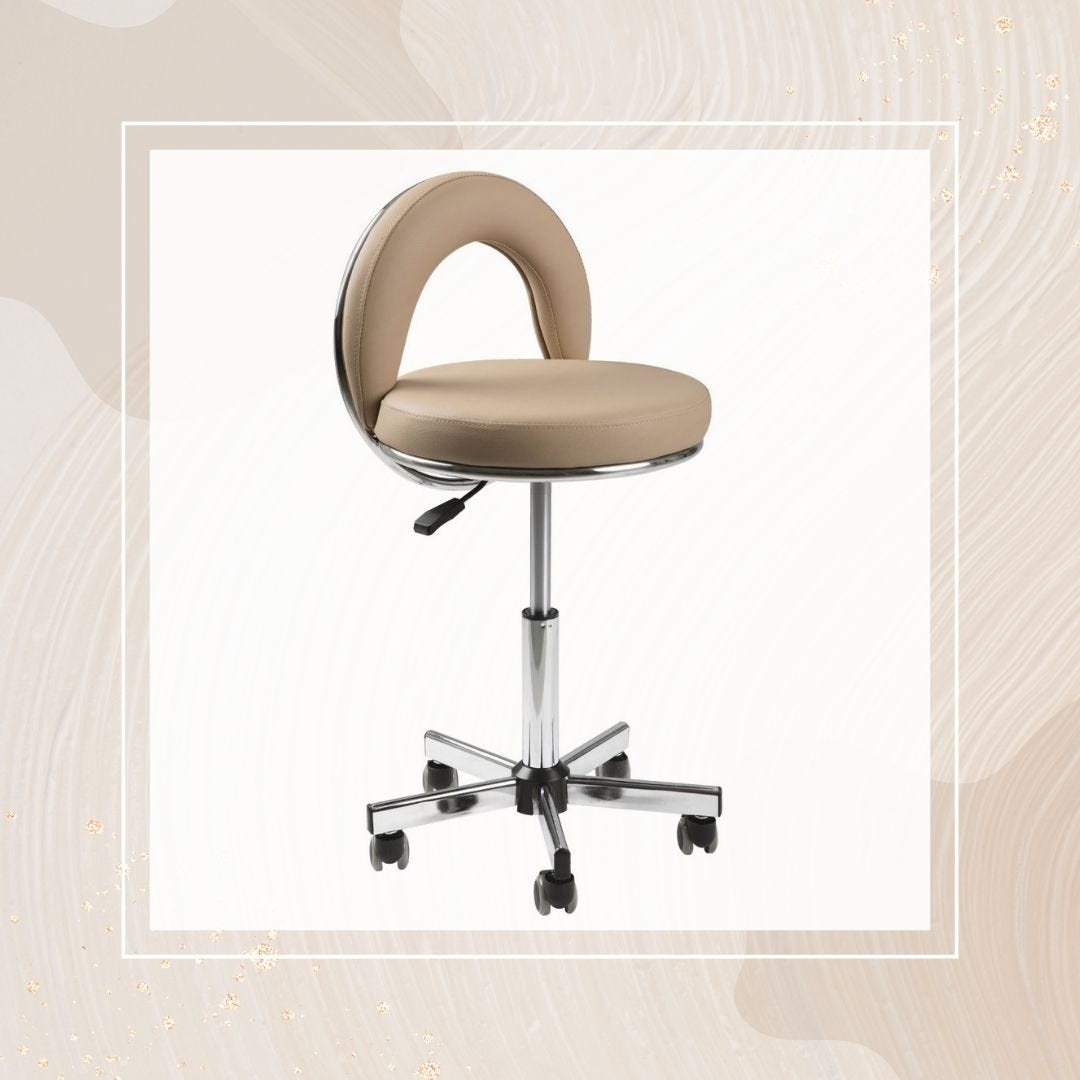 esthetician stool with adjustable height, curved back, cushioned seat, wheels and steel frame