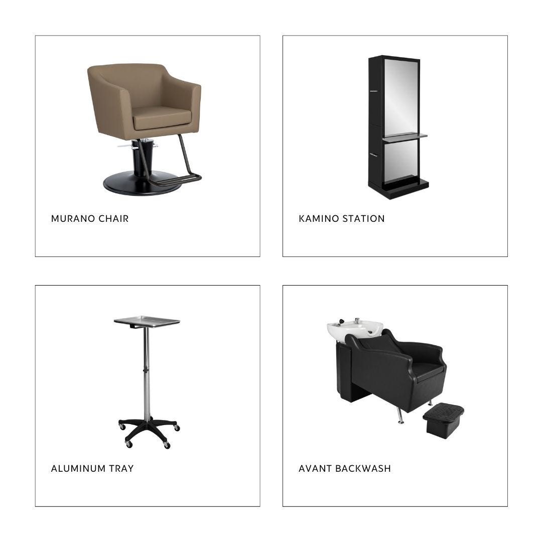 a taupe salon chair with black base, a tall black mirrored salon station with shelf, a rectangular aluminum service tray and a black shampoo system with white bowl