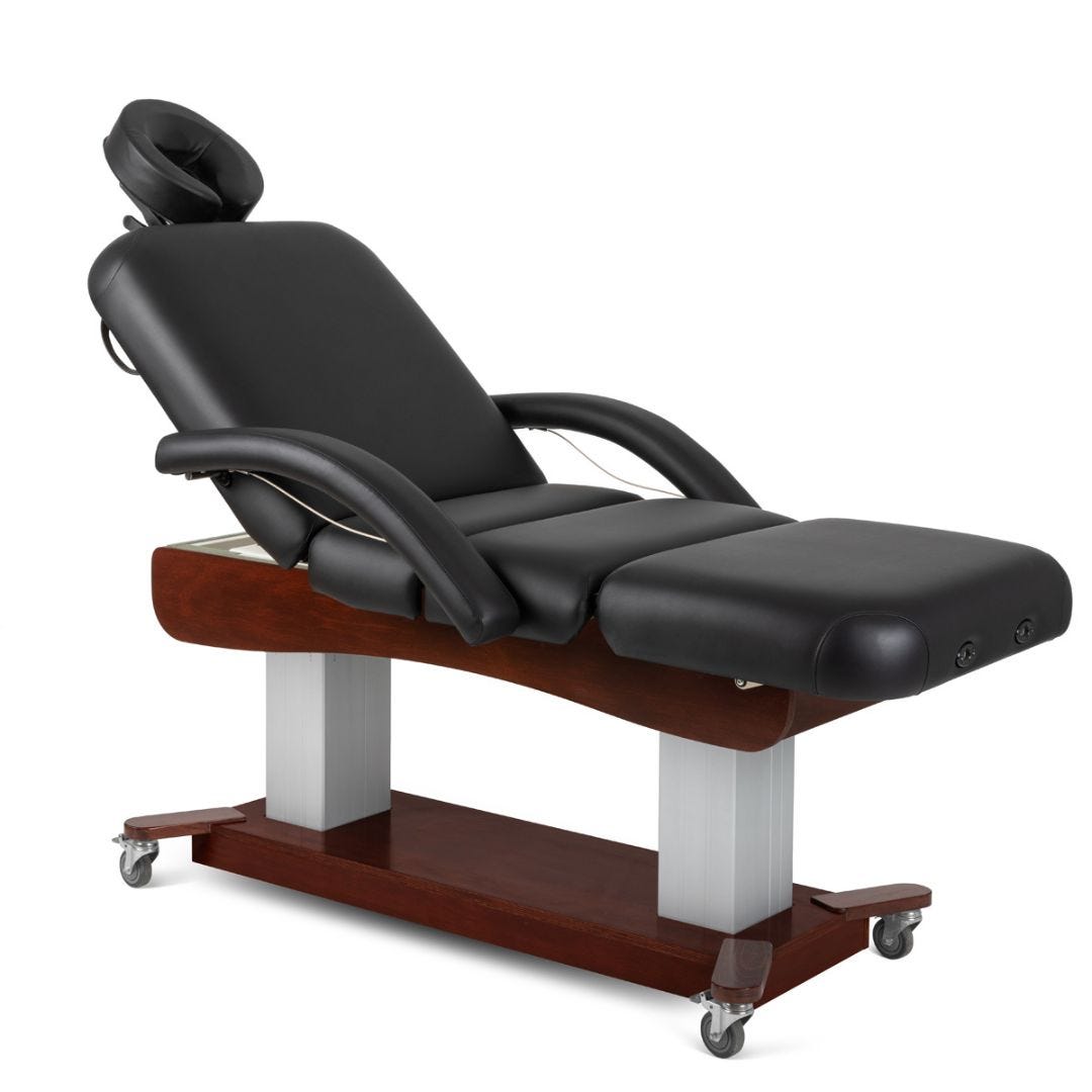 electric massage table with removable arm rests and face cradle and a mobile base