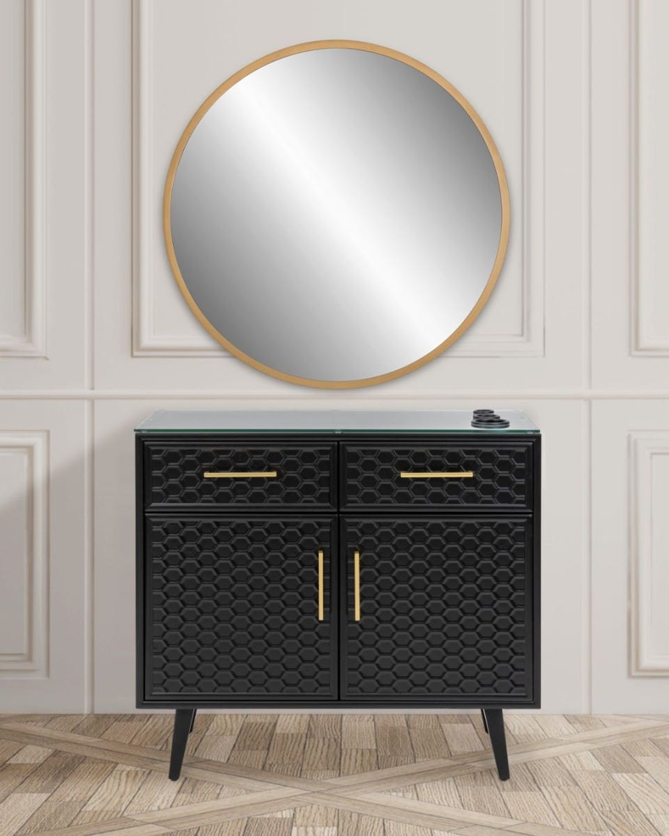 mid century modern style salon styling station and round mirror with gold frame