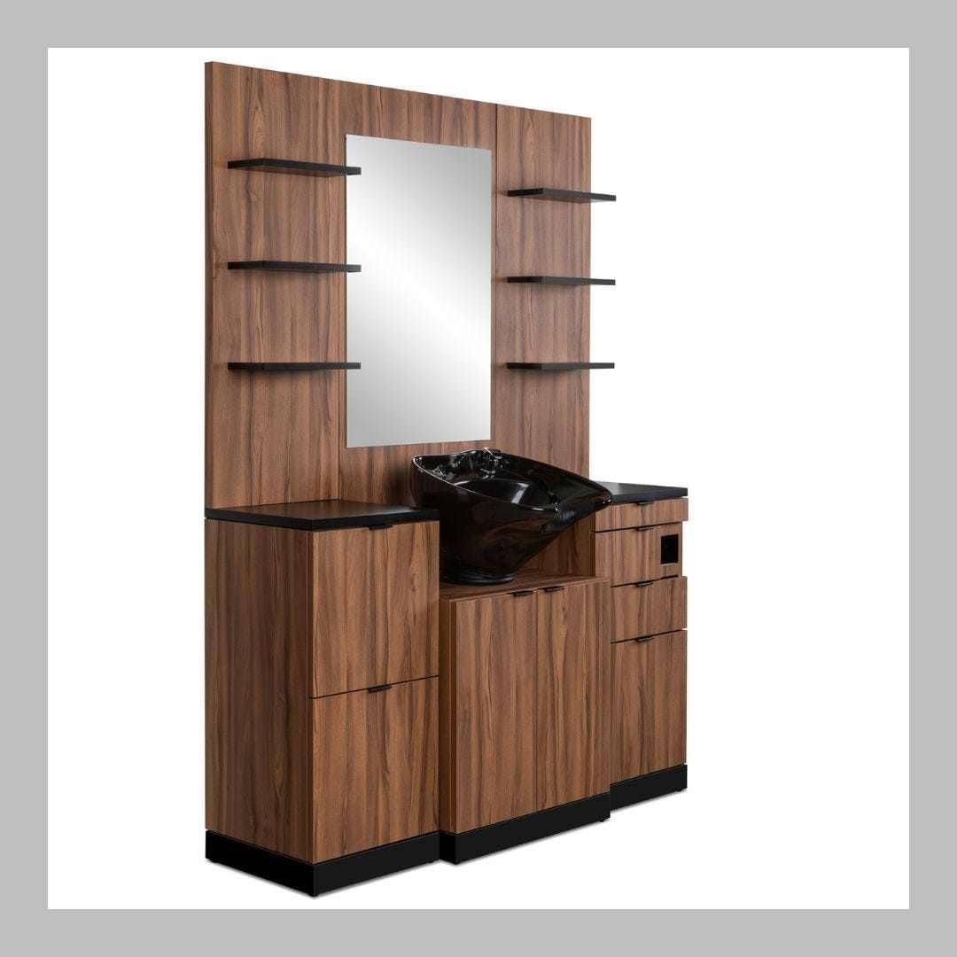 modern wet station with black sink, storage cupboards and attached retail shelves