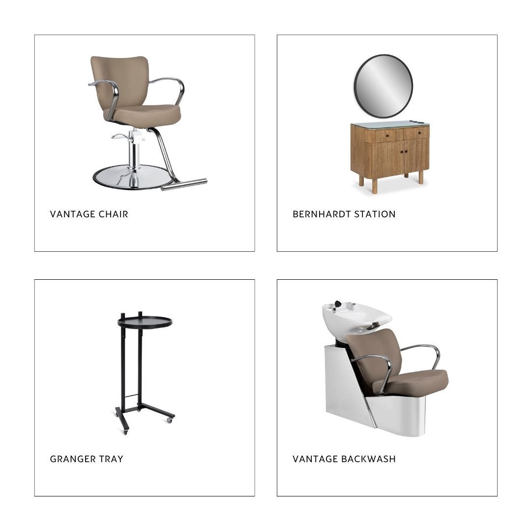 a taupe salon chair with chrome base and armrests, a fluted wood styling station with round mirror, a round black wheeled service tray and a taupe and stainless steel shampoo system with a white bowl