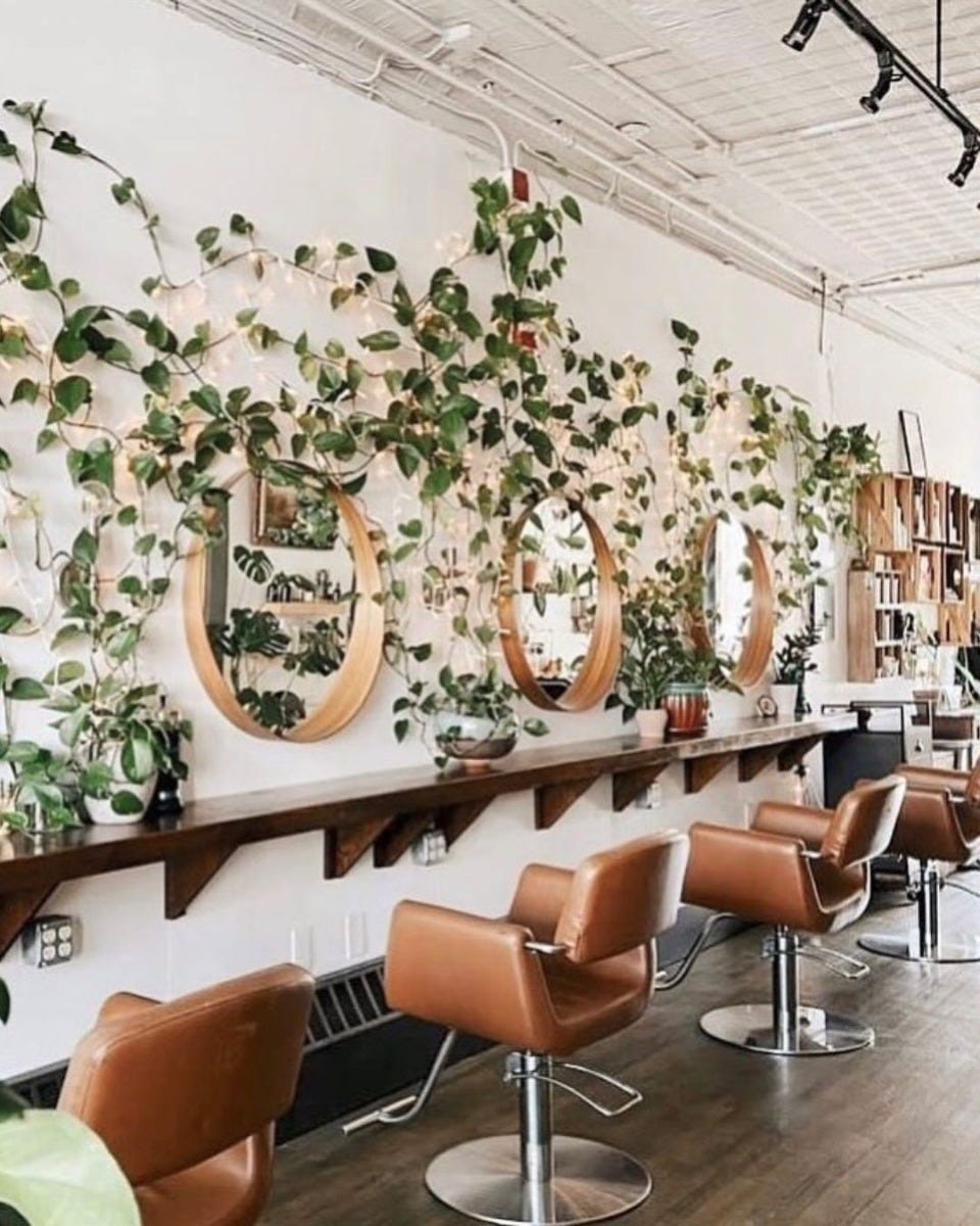 hair salon with mid century modern decor including plants, neutral colored styling chairs and round mirrors with wood frames