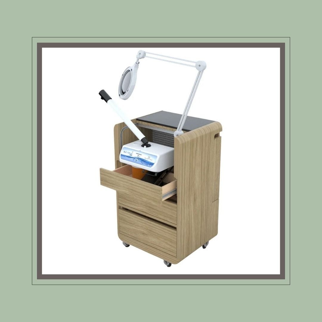 mobile wood laminate spa storage trolley with drawers, tempered glass top, facial steamer and mag lamp included