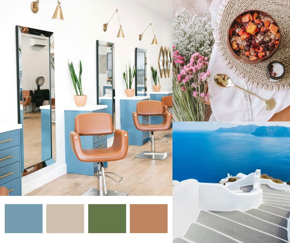 camel brown salon chairs in a hair salon with white walls, full-length mirrors, wall-mounted lamps and sky blue styling stations