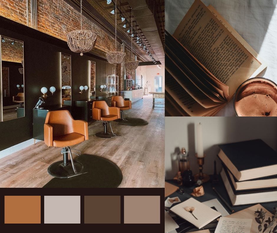 camel brown styling chairs in an industrial loft hair salon with exposed brick walls, hardwood flooring and a dark color scheme