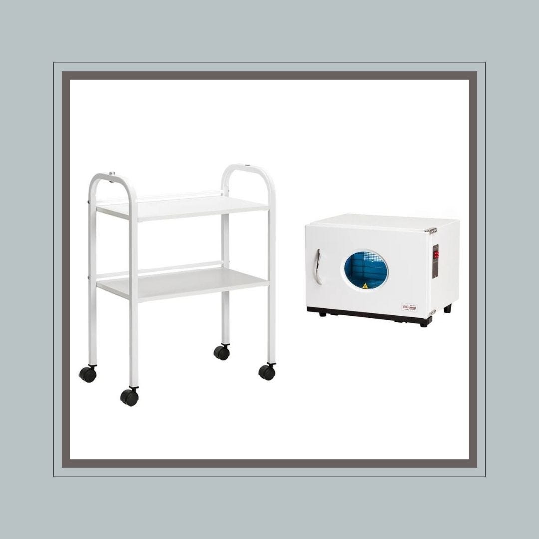 short mobile spa cart with two shelves that comes with a hot towel cabinet