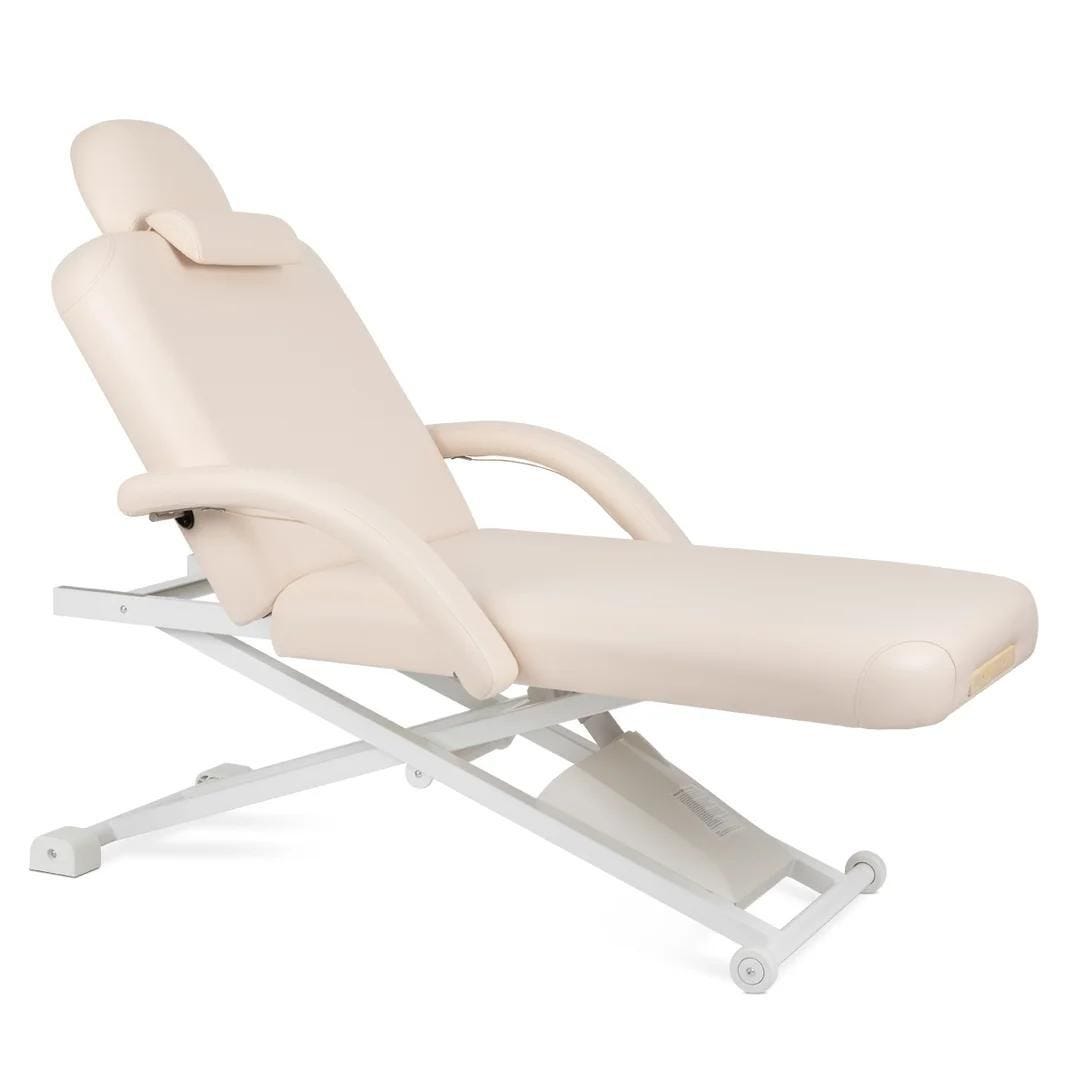 metal frame electric massage table with tilt back, head rest, removable arm rests and two wheels