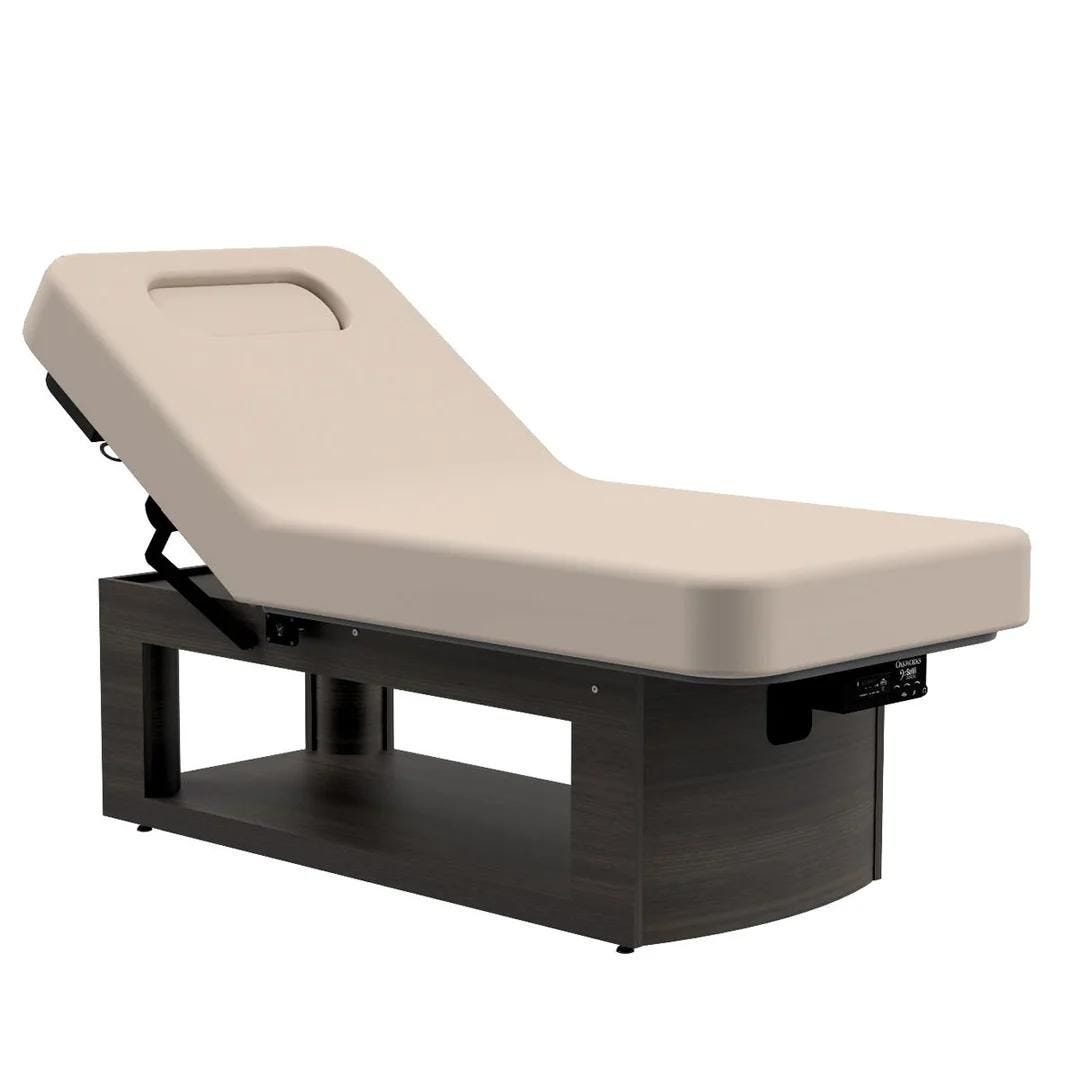 laminate frame massage table with multiple base and top color options, built-in storage shelf and electric adjustable top