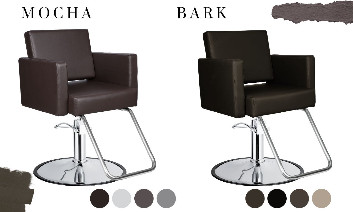 two side by side salon styling chairs, one in mocha brown and one in bark brown