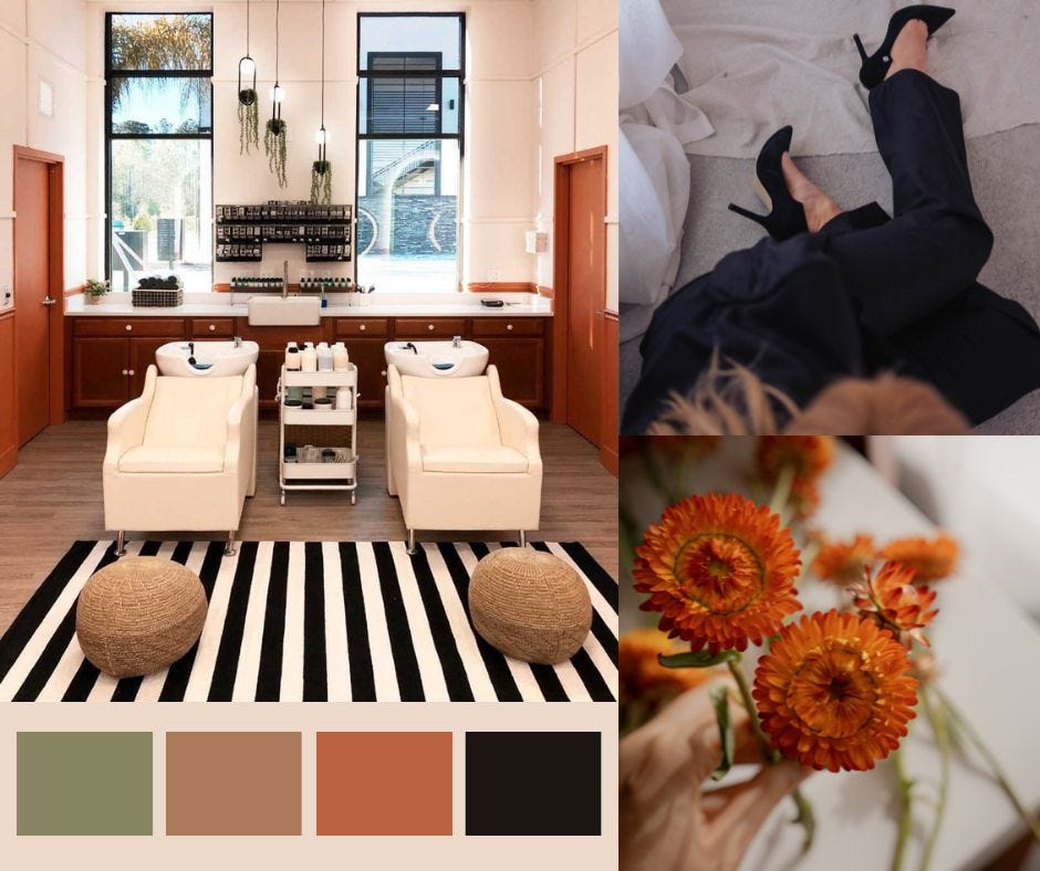 Ivory colored shampoo systems with white ceramic bowls in a hair salon decorated with earth toned colors