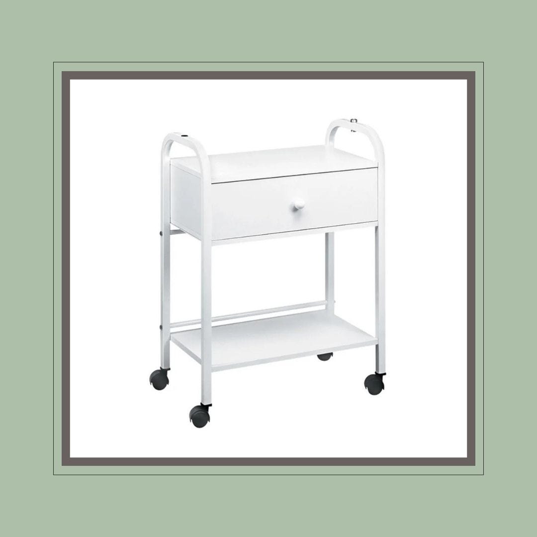 rolling white esthetician cart with one drawer and one shelf