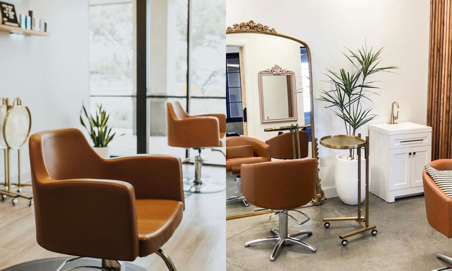 two different salon suite rentals with styling chairs, service trays and natural lighting