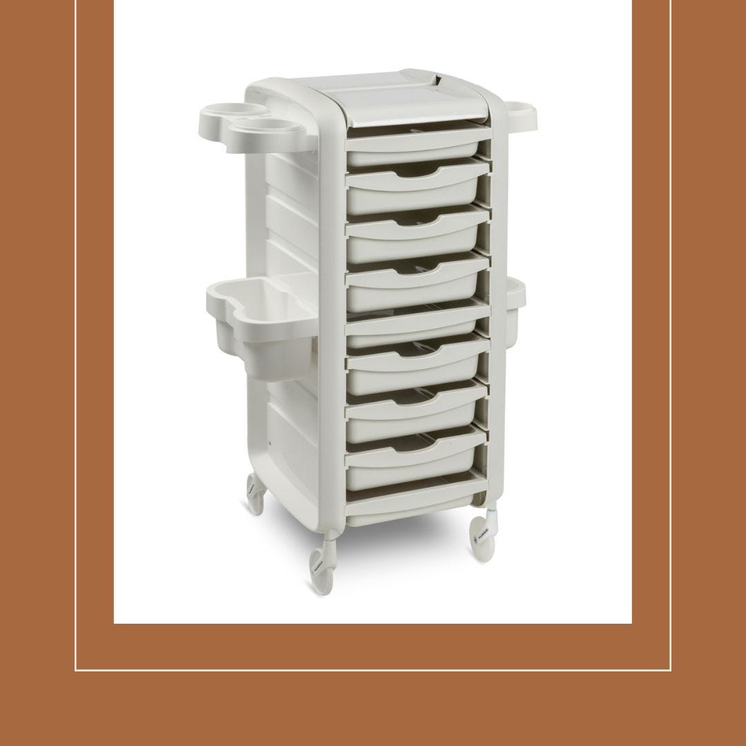 eco-friendly wheeled salon trolley with six drawers, side compartments and large work surface made form 99% recycled white plastic