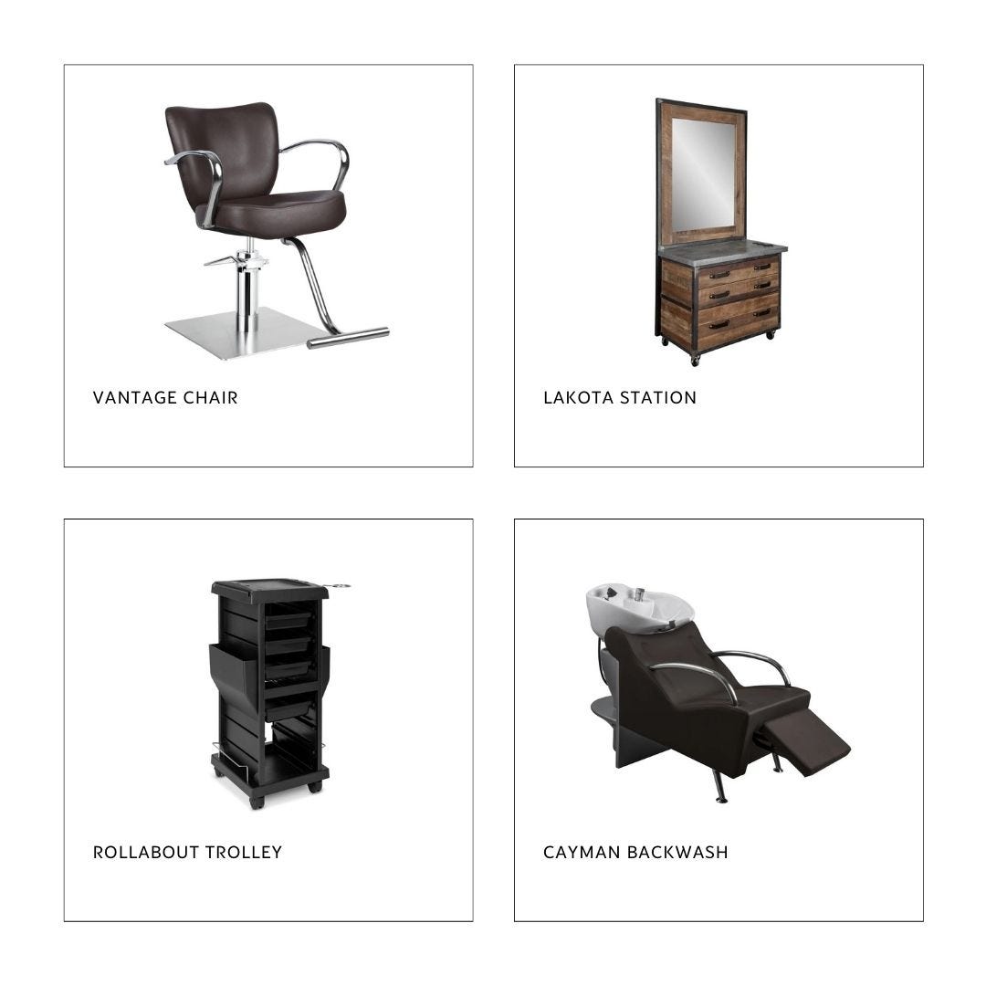 a mocha brown styling chair, a wooden mirrored styling station, a black plastic rolling salon cart and a mocha brown shampoo station with white bowl