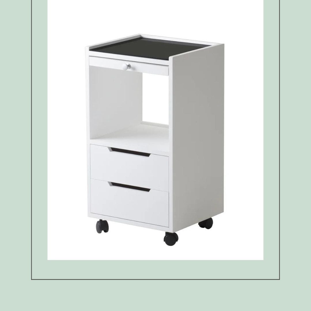 sustainably made white mobile salon cart with 2 drawers, large open shelf, pull-out slim shelf and open work surface