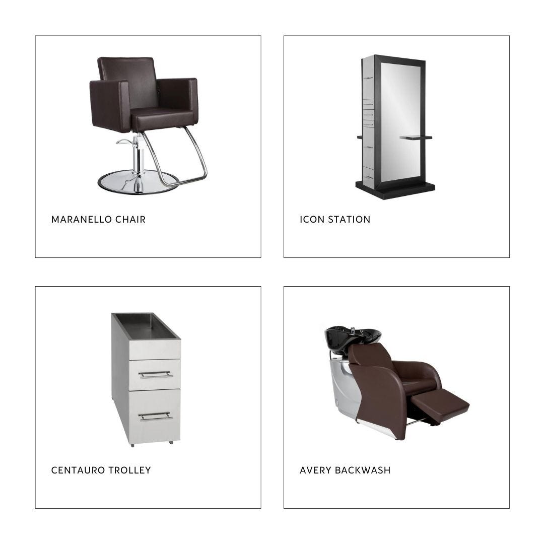 a mocha colored salon chair, a tall mirrored double sided styling station, a stainless steel salon cart and a stainless steel and mocha vinyl shampoo sysem with black bowl