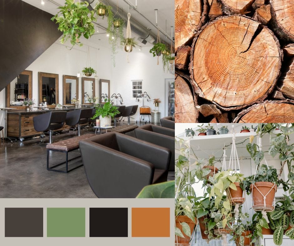 hair salon with cement floor, lots of green plants, rustic styling stations and two rows of bark brown styling chairs