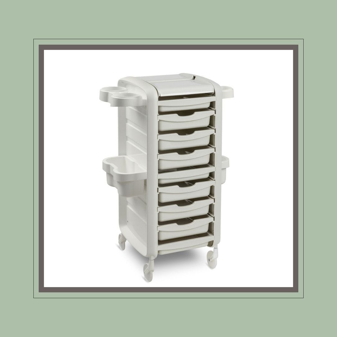 eco-friendly mobile spa trolley in white with 6 drawers made from recycled plastic