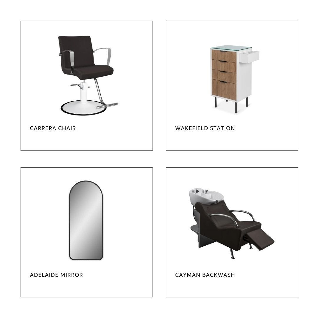 a bark brown styling chair with chrome arms, a fluted wood pedestal styling station, an arched wall mirror with a black frame, and a bark brown shampoo station with white bowl