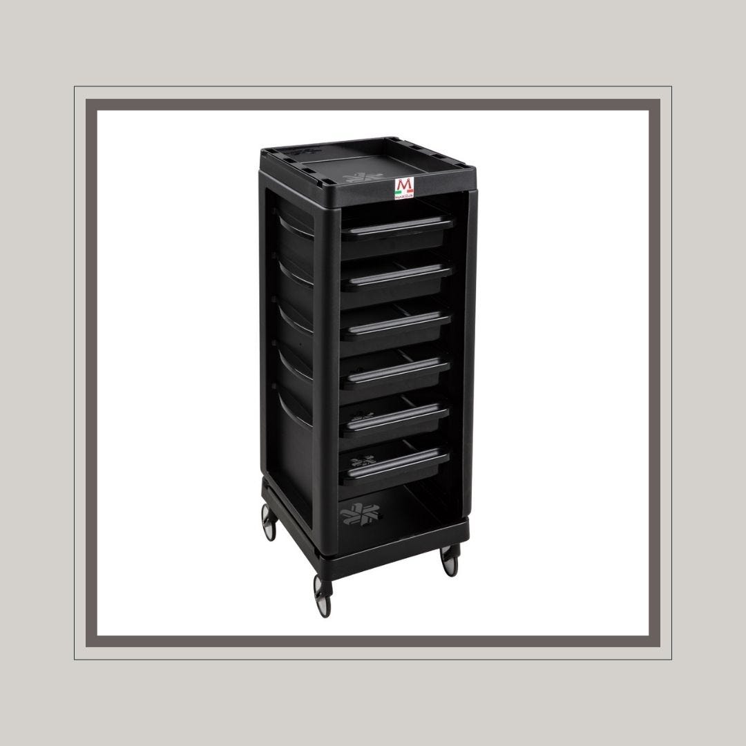 black mobile salon trolley made in Italy with removable storage drawers perfect for spa supplies