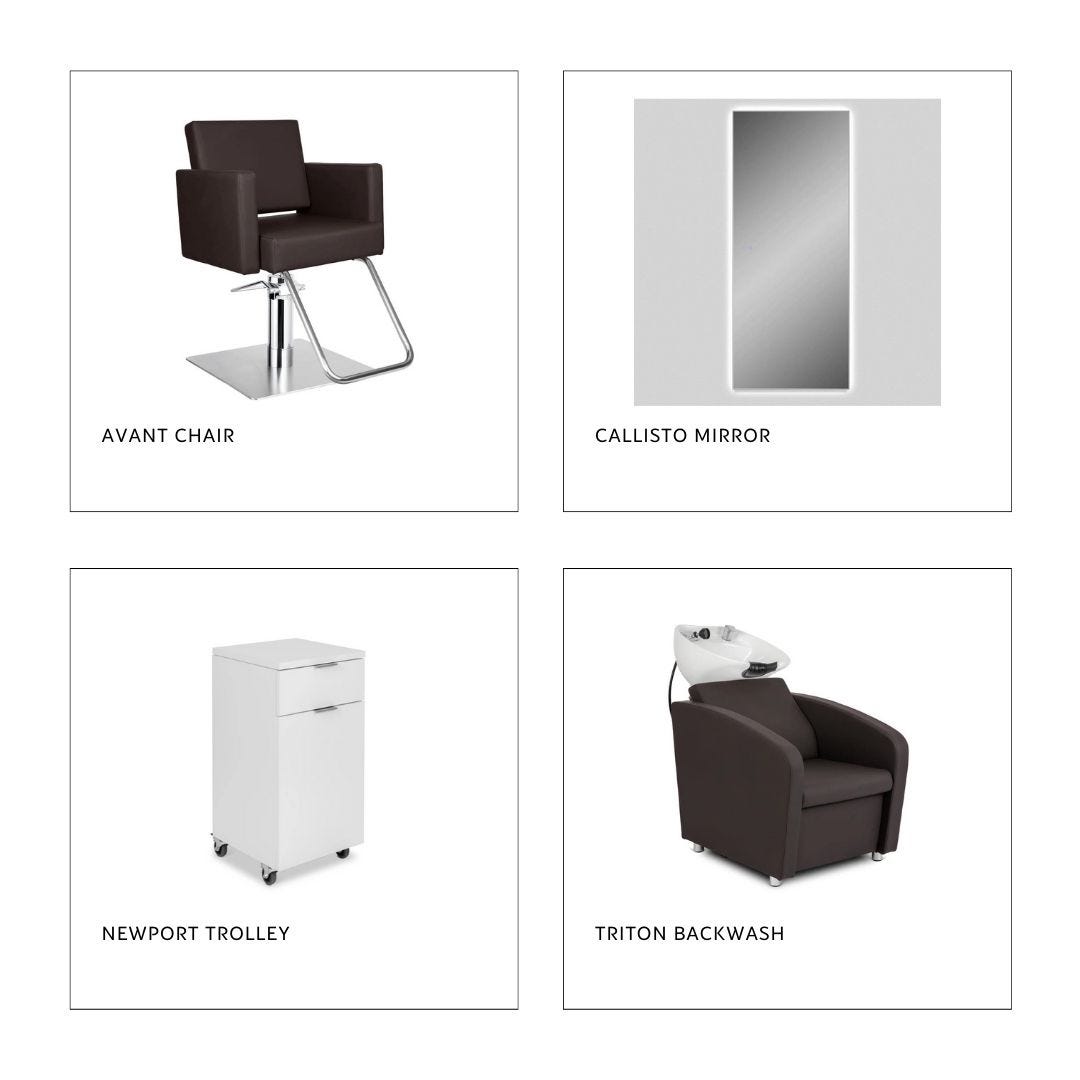 a bark brown styling chair with attached padded arms, a backlit LED wall mirror, a white salon trolley and a brown shampoo station with white bowl