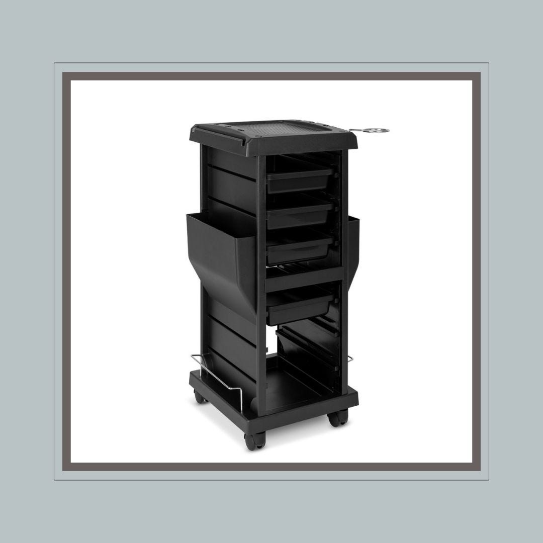 black plastic rolling storage trolley with side storage bins and removable drawers for spa supplies