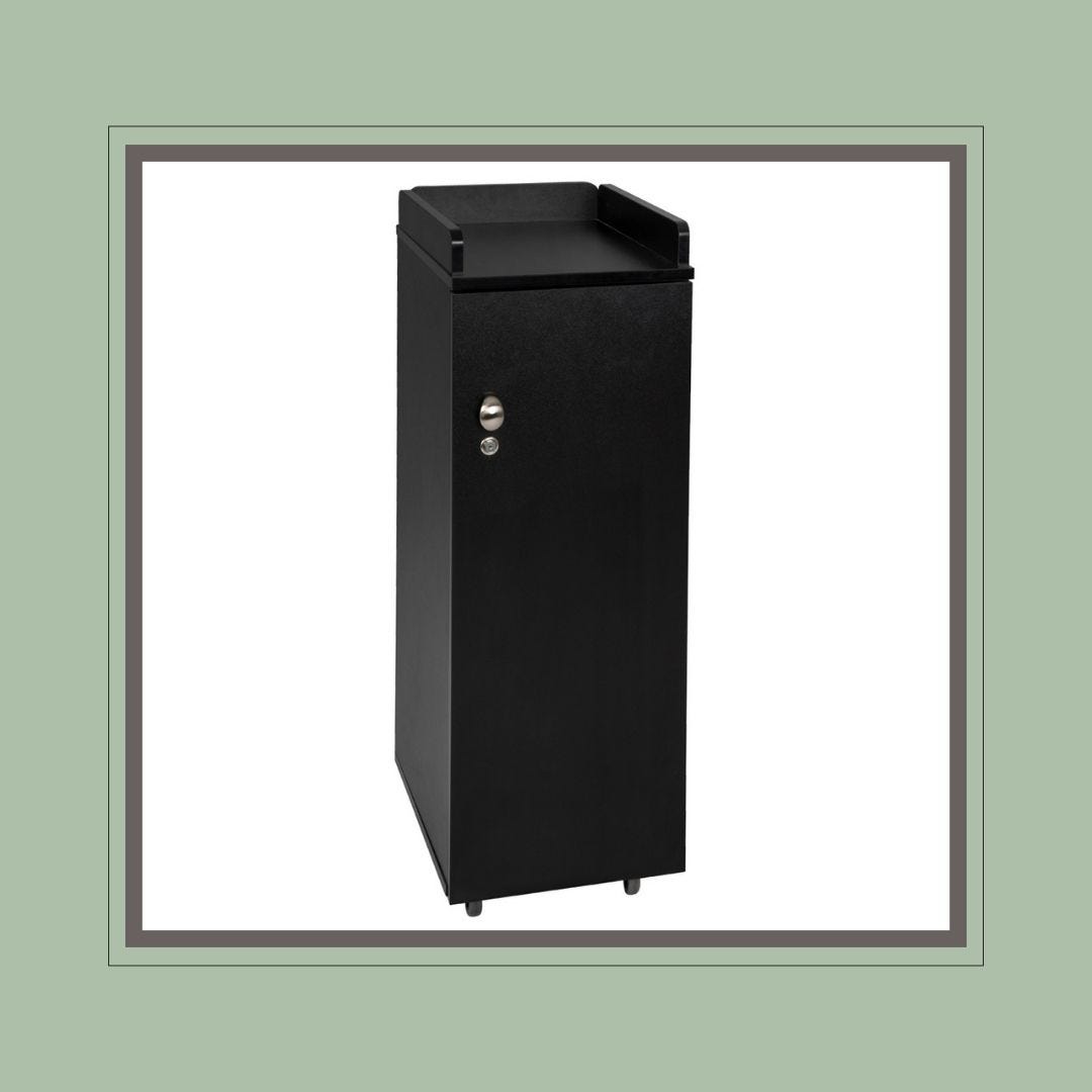 compact black wheeled spa storage cart with locking cabinet door