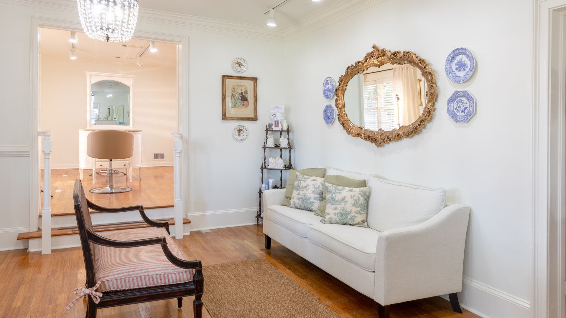 cottage chic salon waiting area